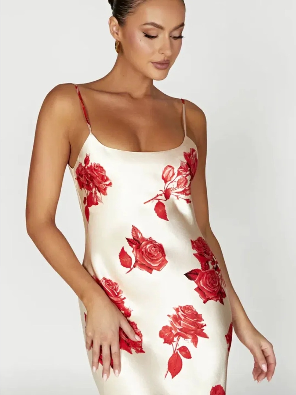 MESHKI Red Rose Champagne Satin Slip Maxi Dress Size S - Picture 4 of 16